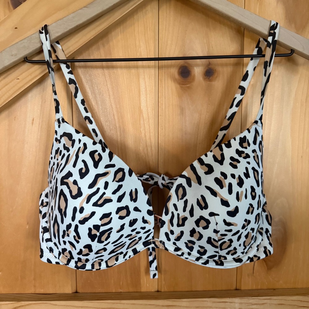 Shade & Shore Leopard Bikini Top 34D White Tan Underwire Padded Animal‎ Print